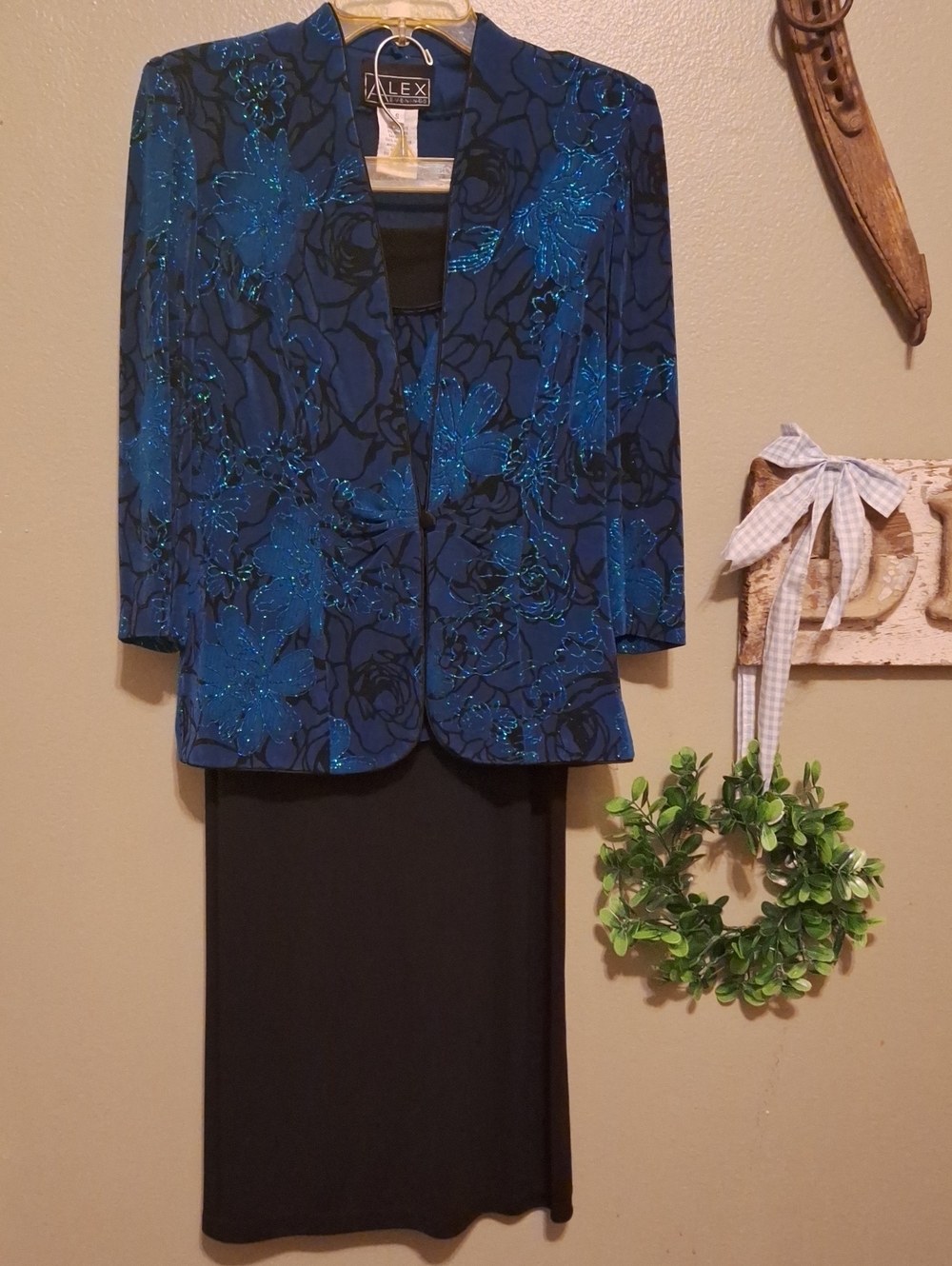 ALEX Evenings Three Piece  Set in Blue Floral Glitter With Maxi Skirt Size S